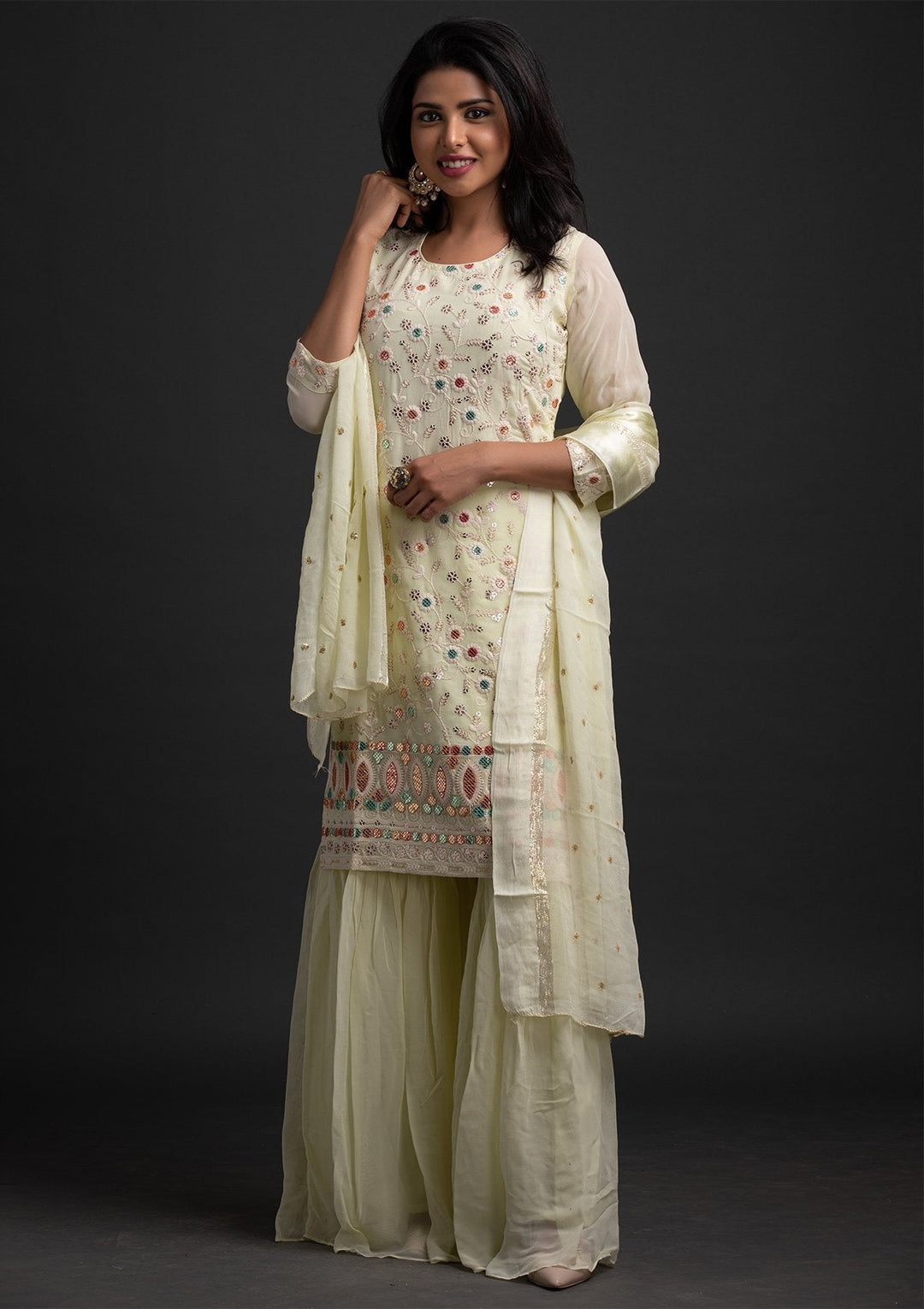 Lemon Yellow Sequins Georgette Designer Salwar Suit - koskii