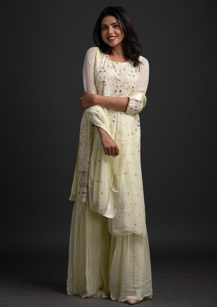 Lemon Yellow Sequins Georgette Designer Salwar Suit - koskii