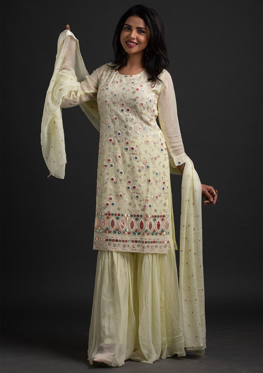 Lemon Yellow Sequins Georgette Designer Salwar Suit - koskii