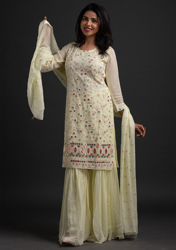 Lemon Yellow Sequins Georgette Designer Salwar Suit - koskii