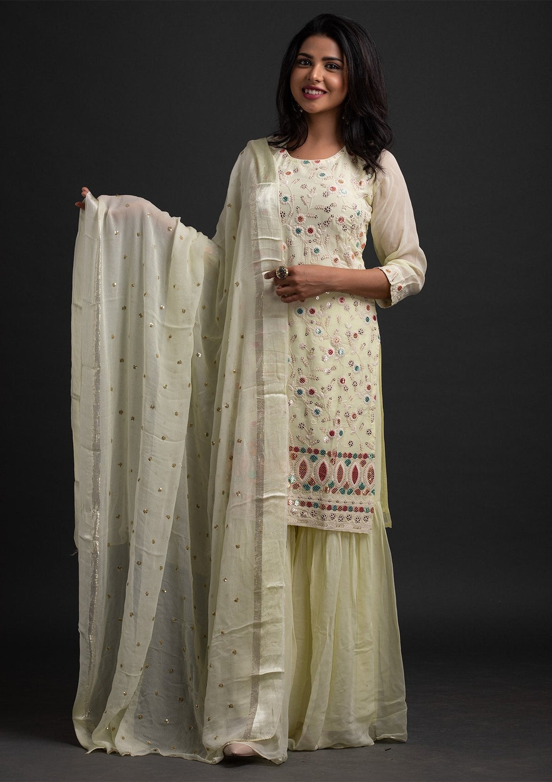 Lemon Yellow Sequins Georgette Designer Salwar Suit - koskii
