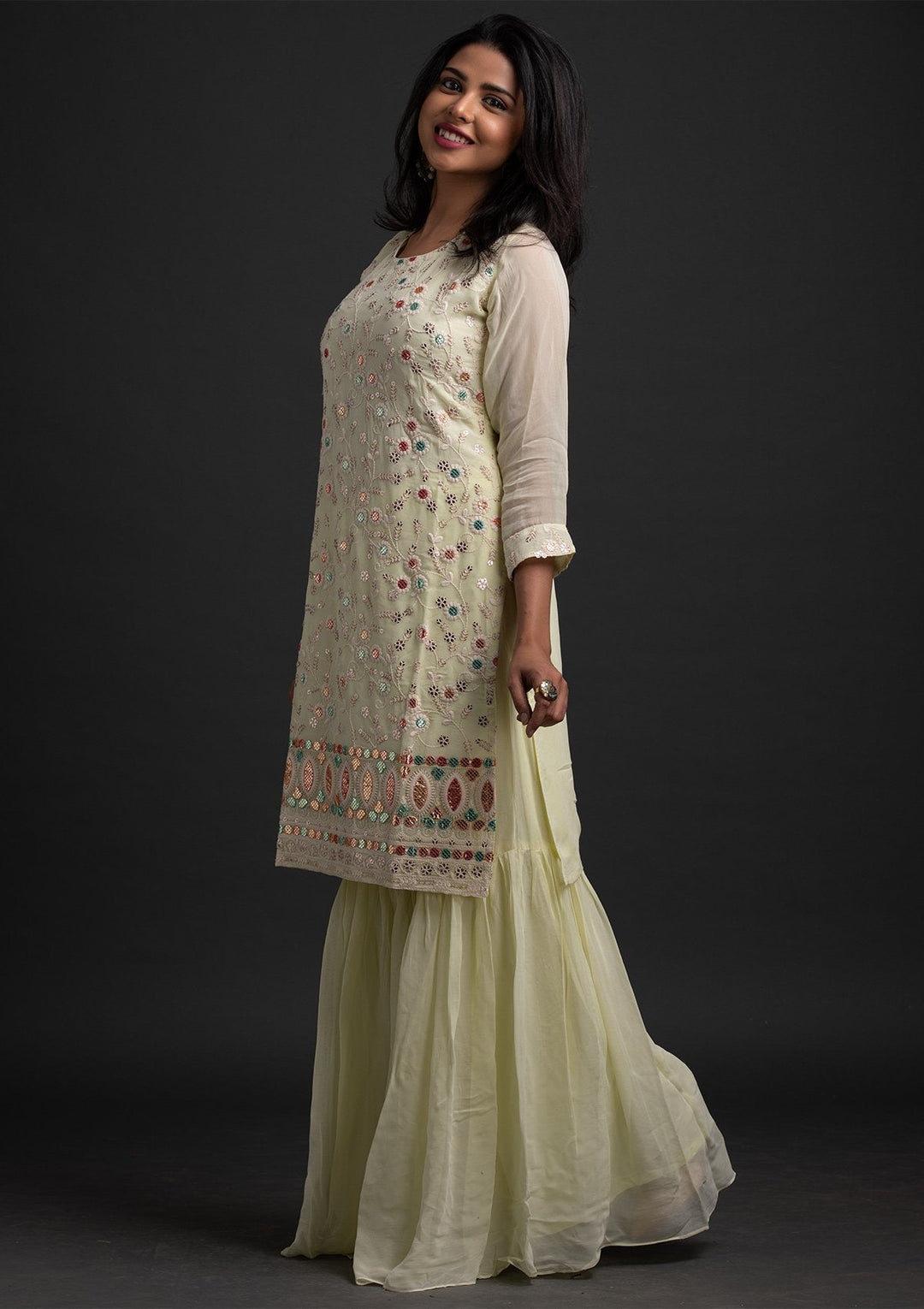 Lemon Yellow Sequins Georgette Designer Salwar Suit - koskii