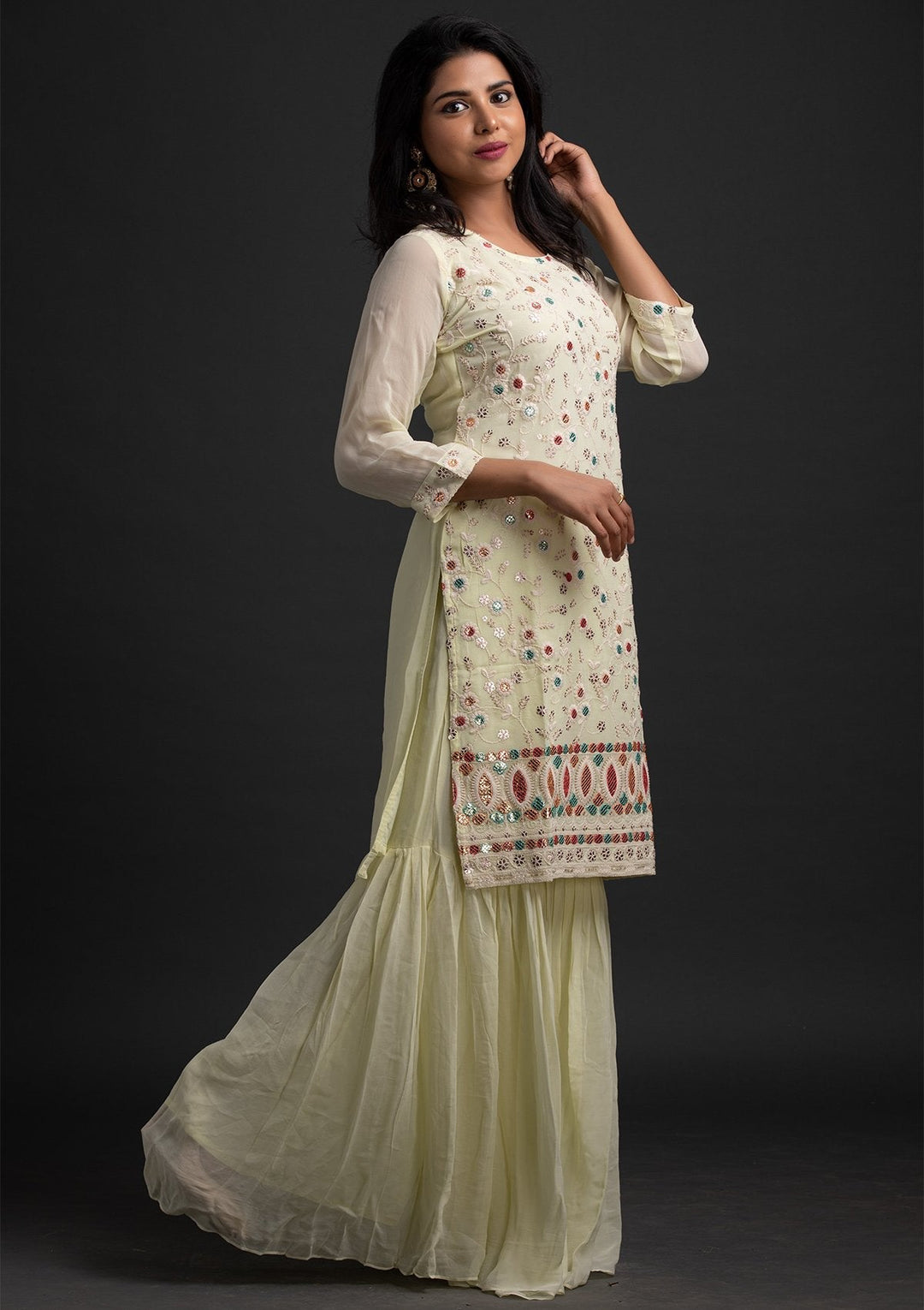 Lemon Yellow Sequins Georgette Designer Salwar Suit - koskii
