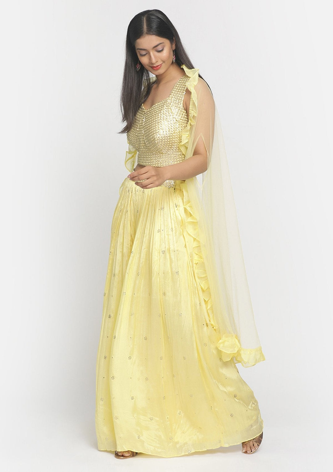 Lemon Yellow Sequins Semi Crepe Designer Salwar Suit - koskii