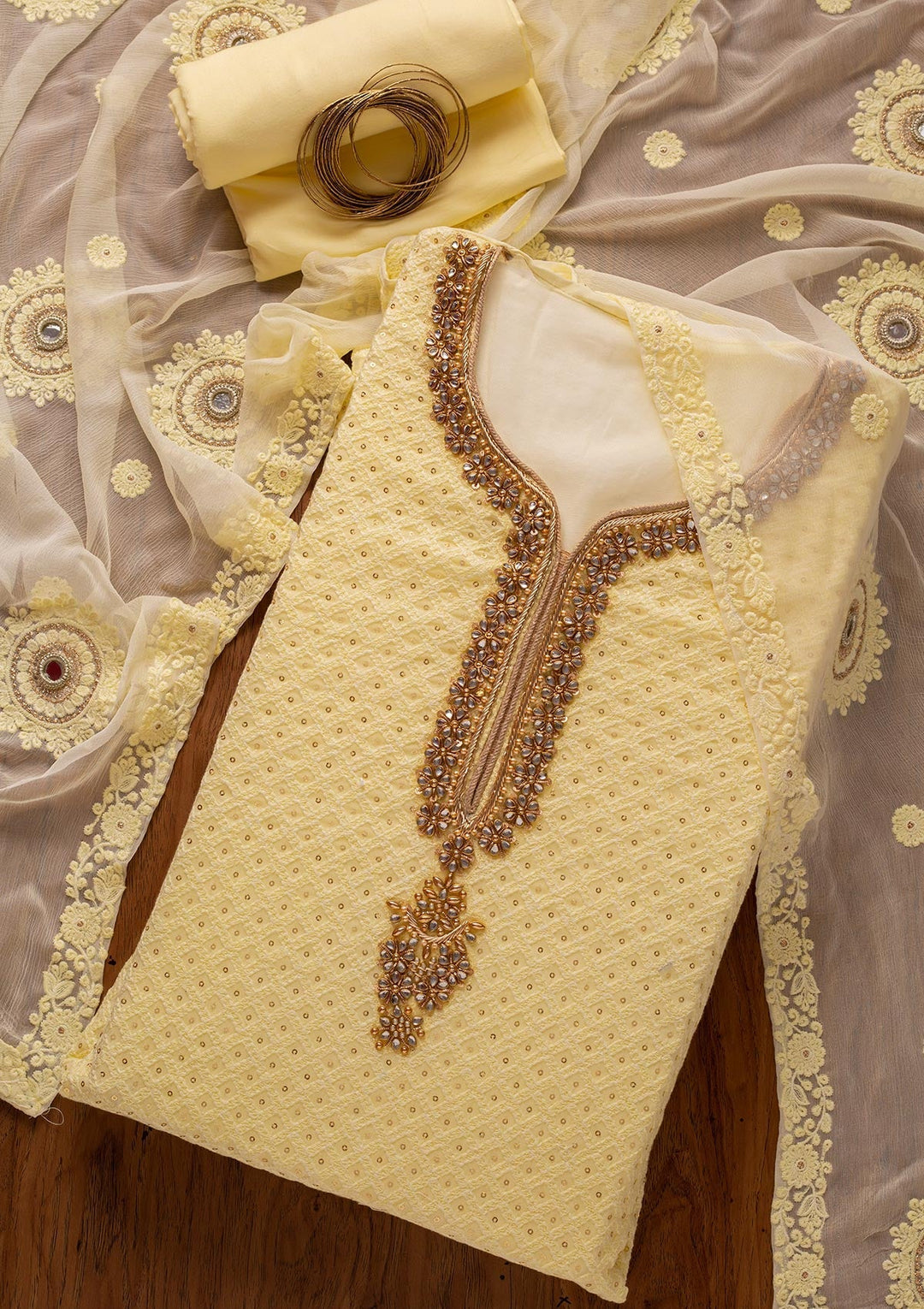 Lemon Yellow Stonework Georgette Designer Unstitched Salwar Suit - koskii