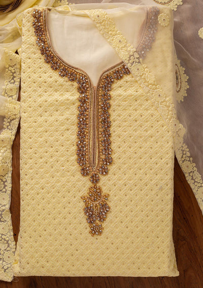 Lemon Yellow Stonework Georgette Designer Unstitched Salwar Suit - koskii