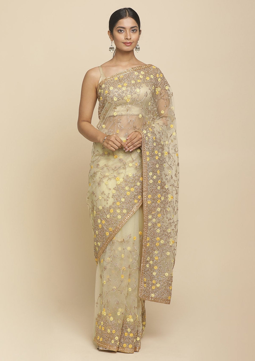 Lemon Yellow Pearlwork  Net Designer Saree - koskii