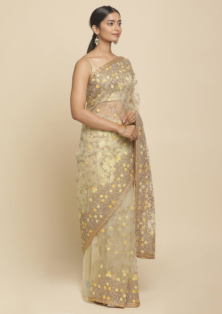 Lemon Yellow Pearlwork  Net Designer Saree - koskii
