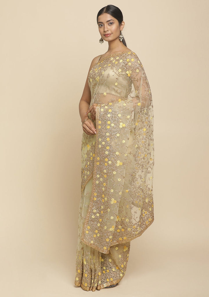 Lemon Yellow Pearlwork  Net Designer Saree - koskii