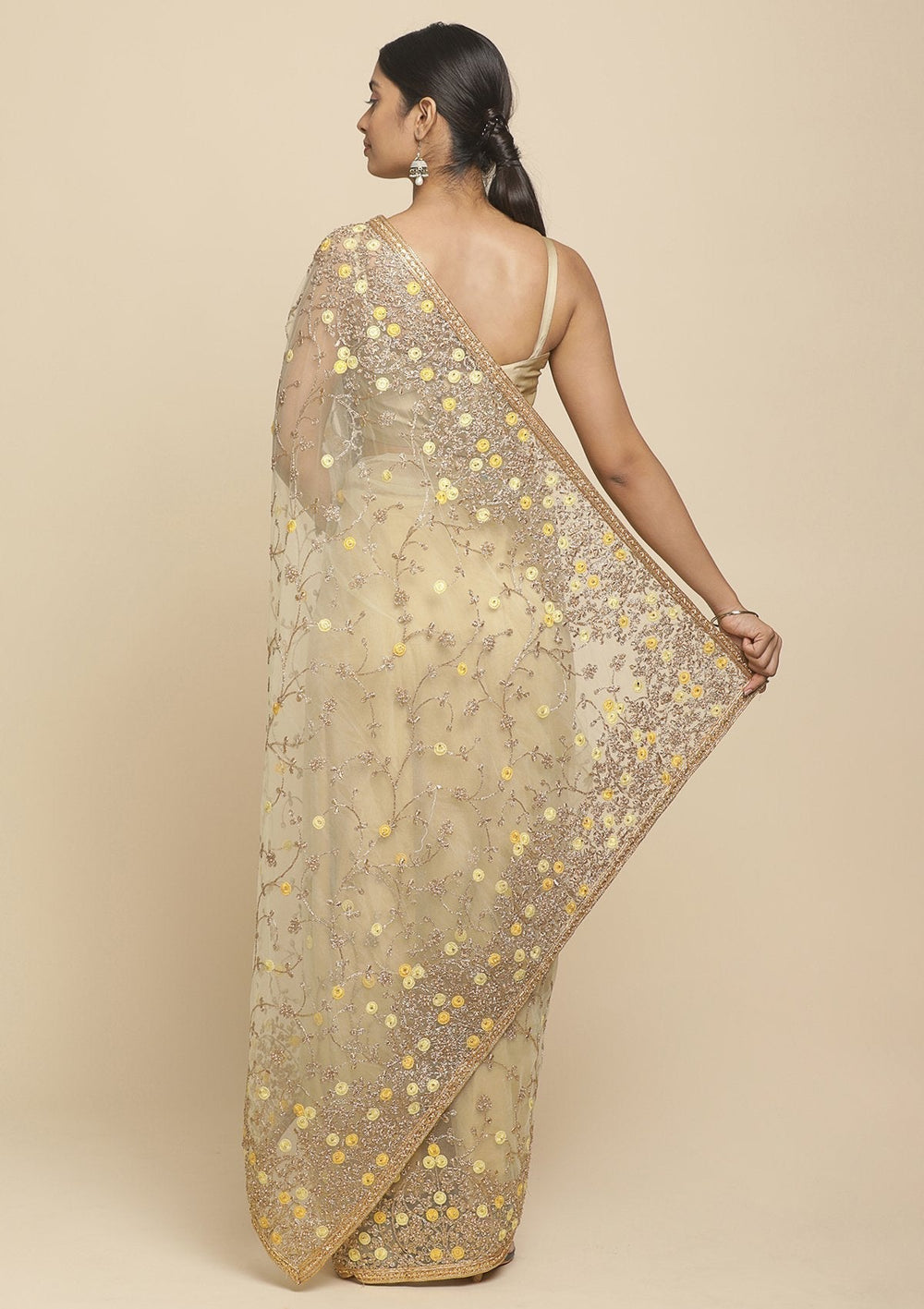 Lemon Yellow Pearlwork  Net Designer Saree - koskii