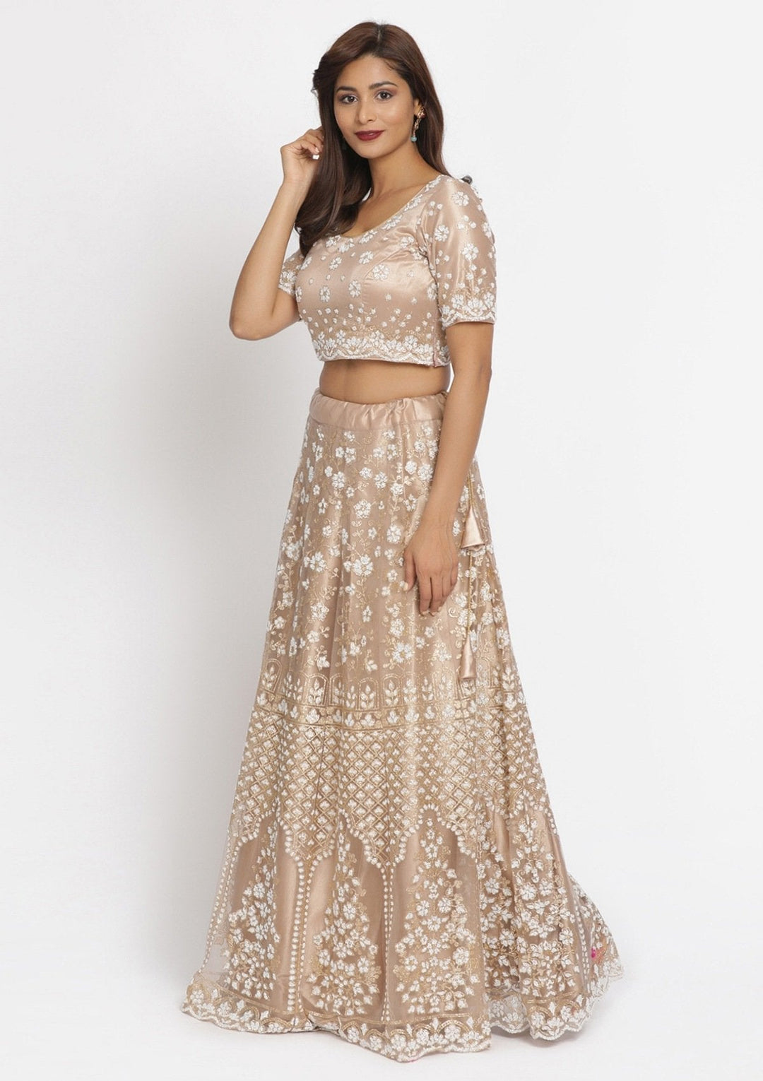 Light Brown Cutdana Net Designer Semi-Stitched Lehenga - koskii