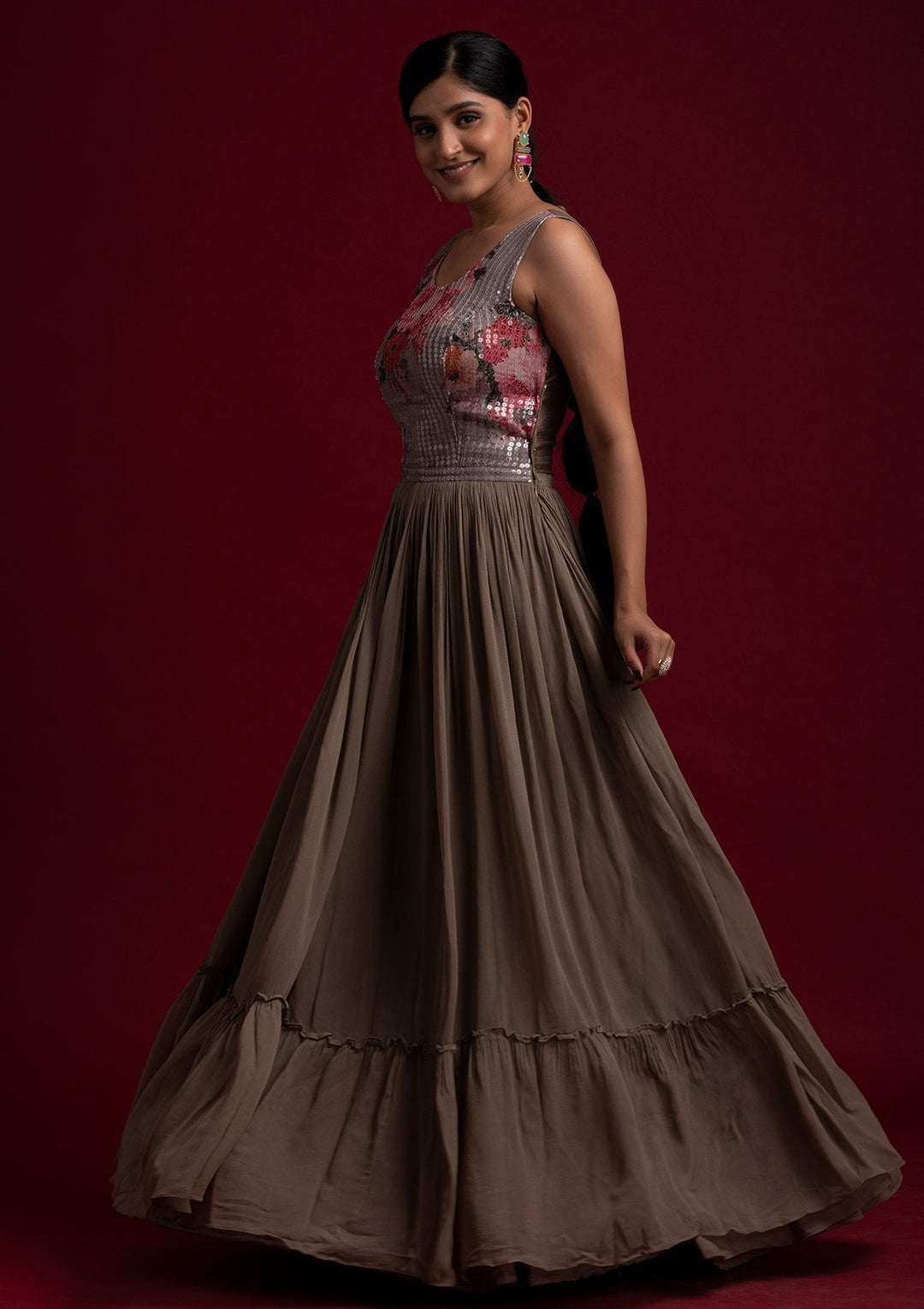 Light Brown Sequins Georgette Designer Gown - koskii
