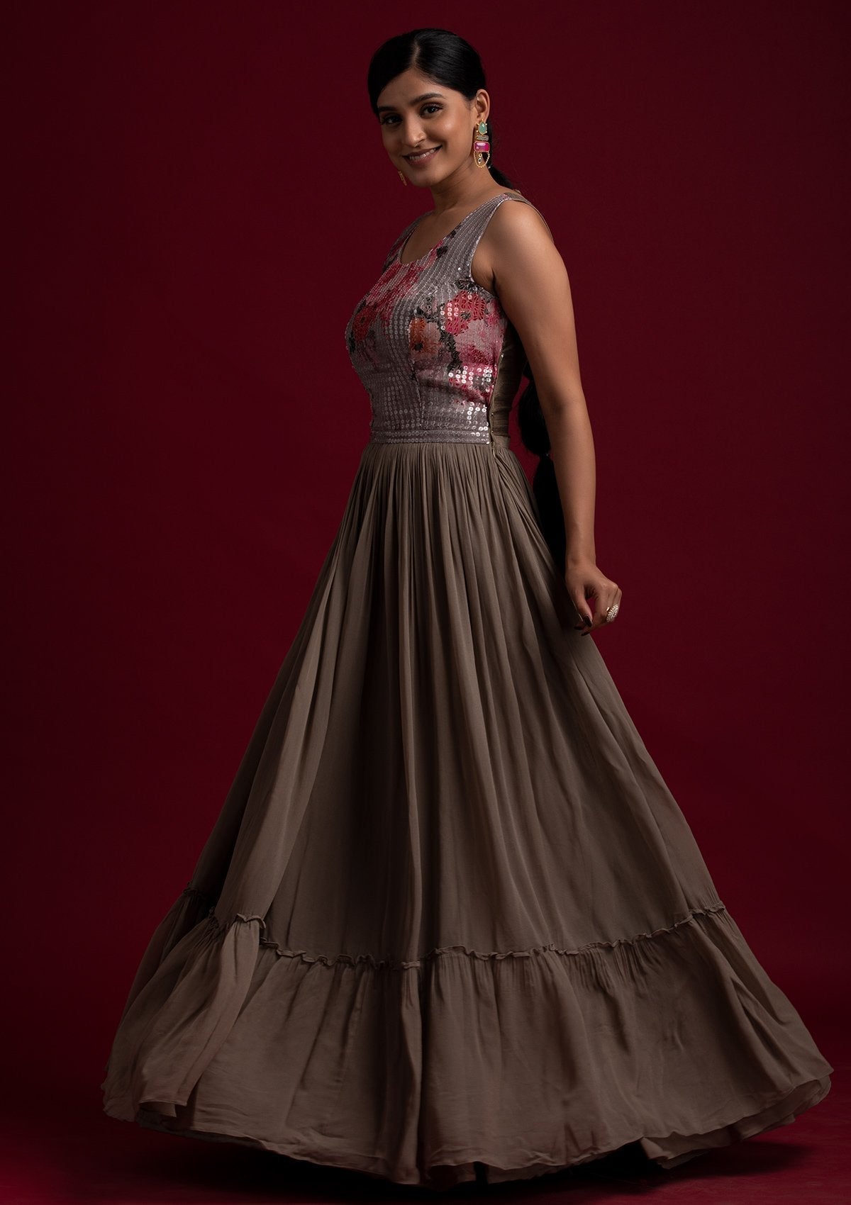 Light Brown Sequins Georgette Designer Gown - koskii