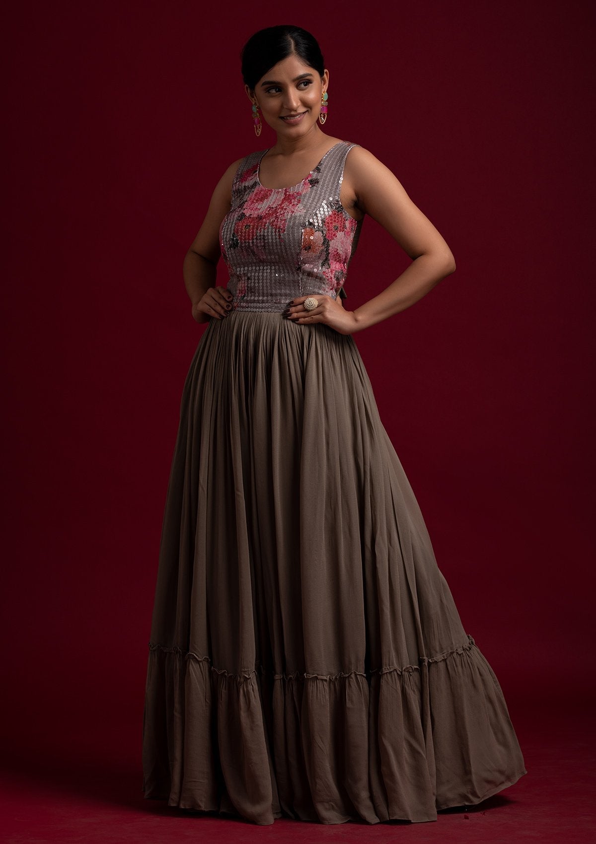 Light Brown Sequins Georgette Designer Gown - koskii