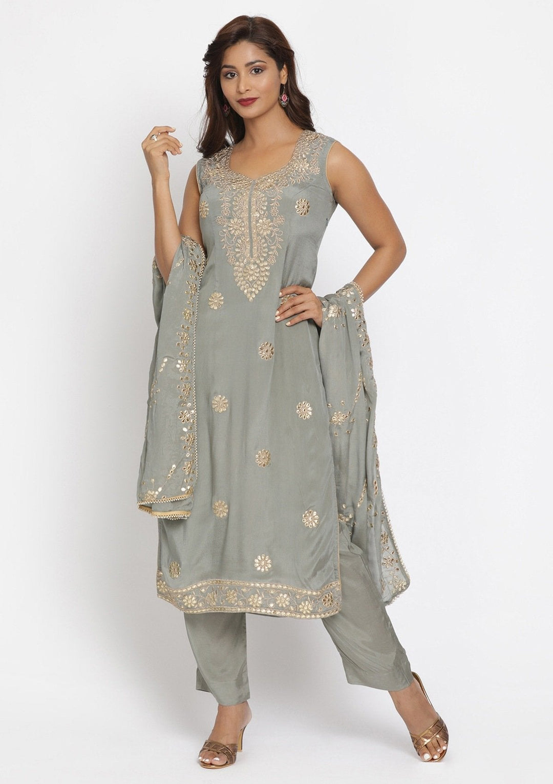 Light Grey Gotapatti Semi Crepe Designer Unstitched Salwar Suit - koskii
