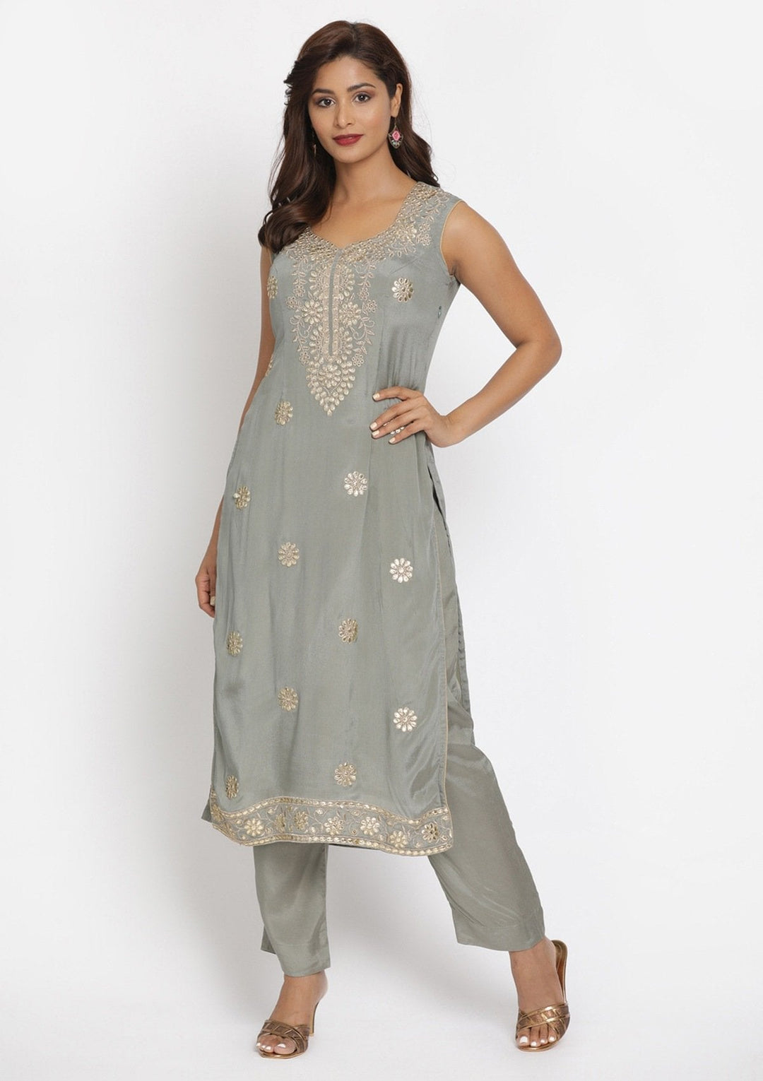 Light Grey Gotapatti Semi Crepe Designer Unstitched Salwar Suit - koskii