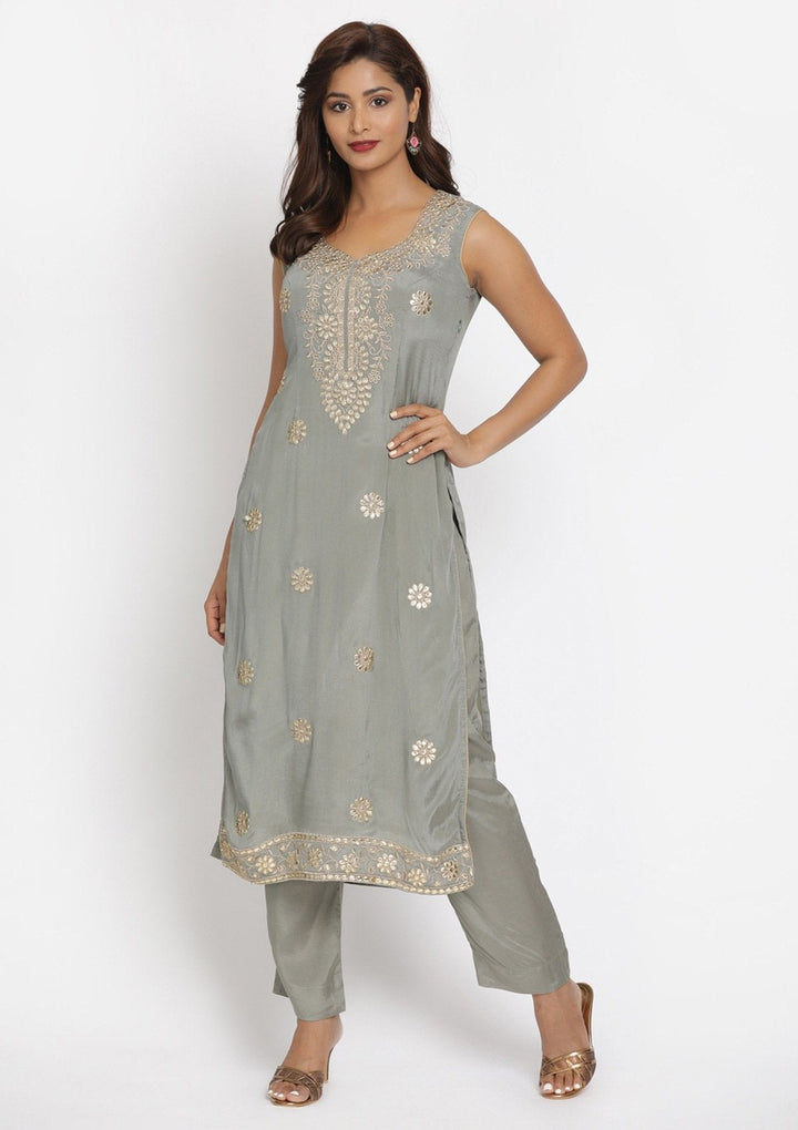 Light Grey Gotapatti Semi Crepe Designer Unstitched Salwar Suit - koskii