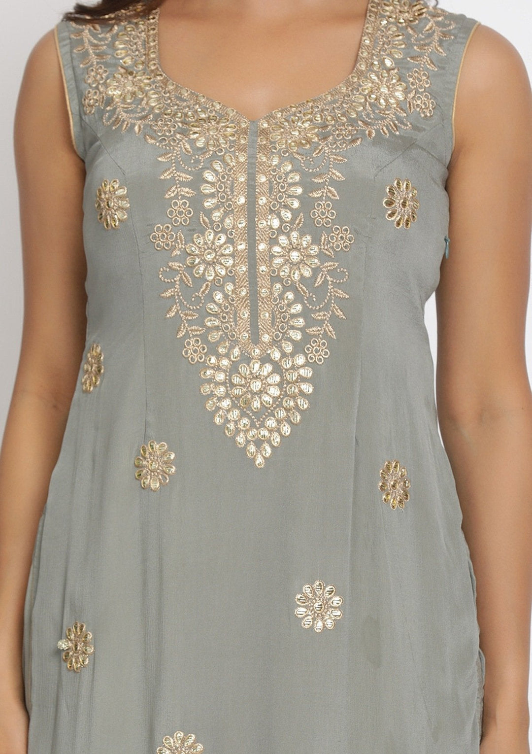 Light Grey Gotapatti Semi Crepe Designer Unstitched Salwar Suit - koskii