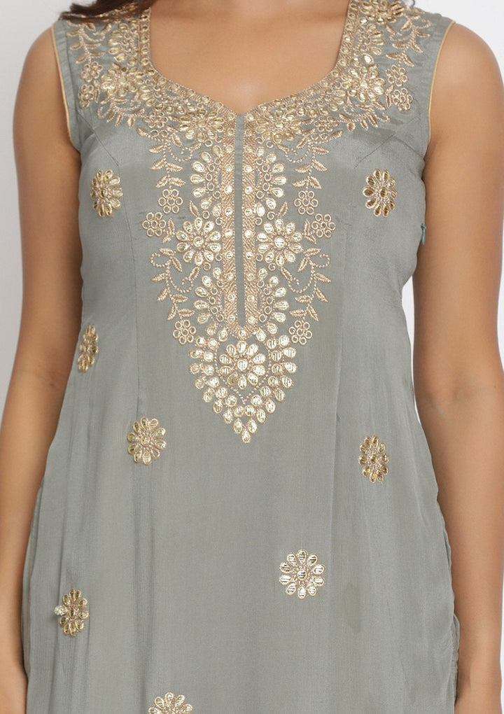 Light Grey Gotapatti Semi Crepe Designer Unstitched Salwar Suit - koskii