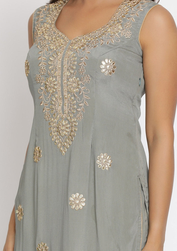 Light Grey Gotapatti Semi Crepe Designer Unstitched Salwar Suit - koskii