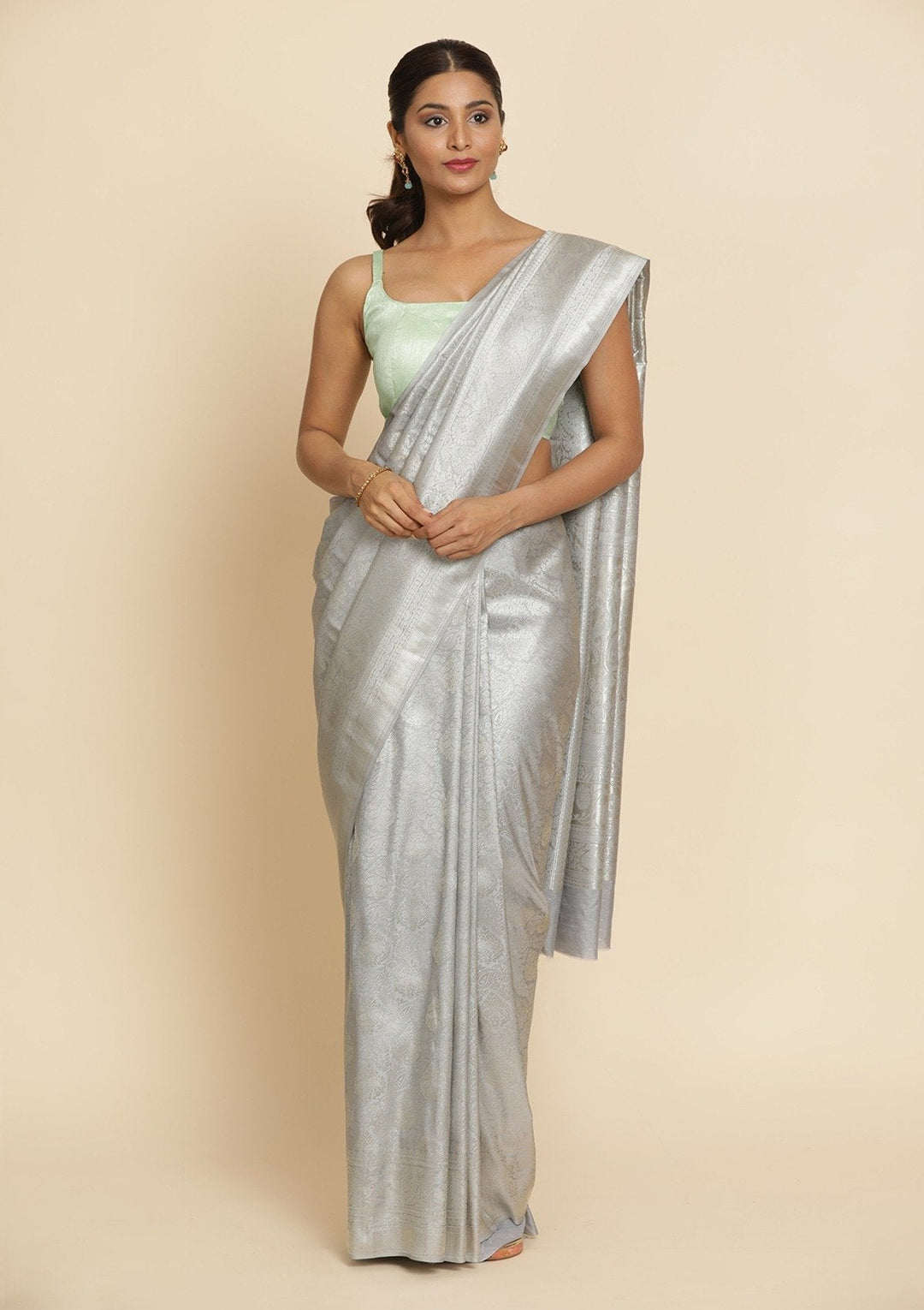 Light Grey Silver Zariwork Raw Silk Designer Saree - koskii