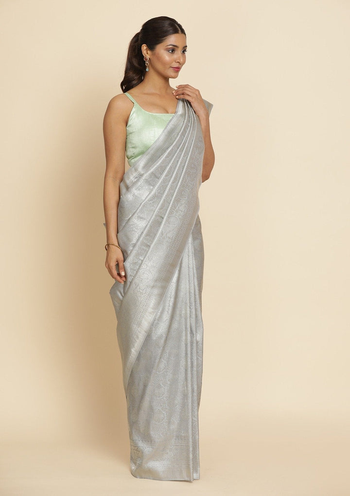 Light Grey Silver Zariwork Raw Silk Designer Saree - koskii