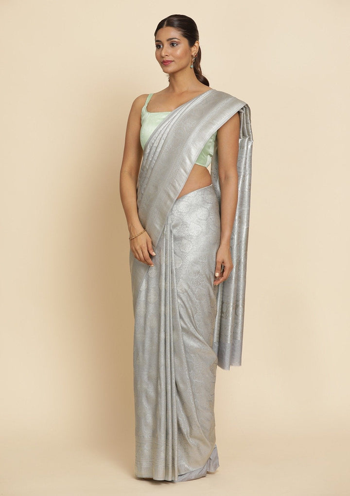 Light Grey Silver Zariwork Raw Silk Designer Saree - koskii