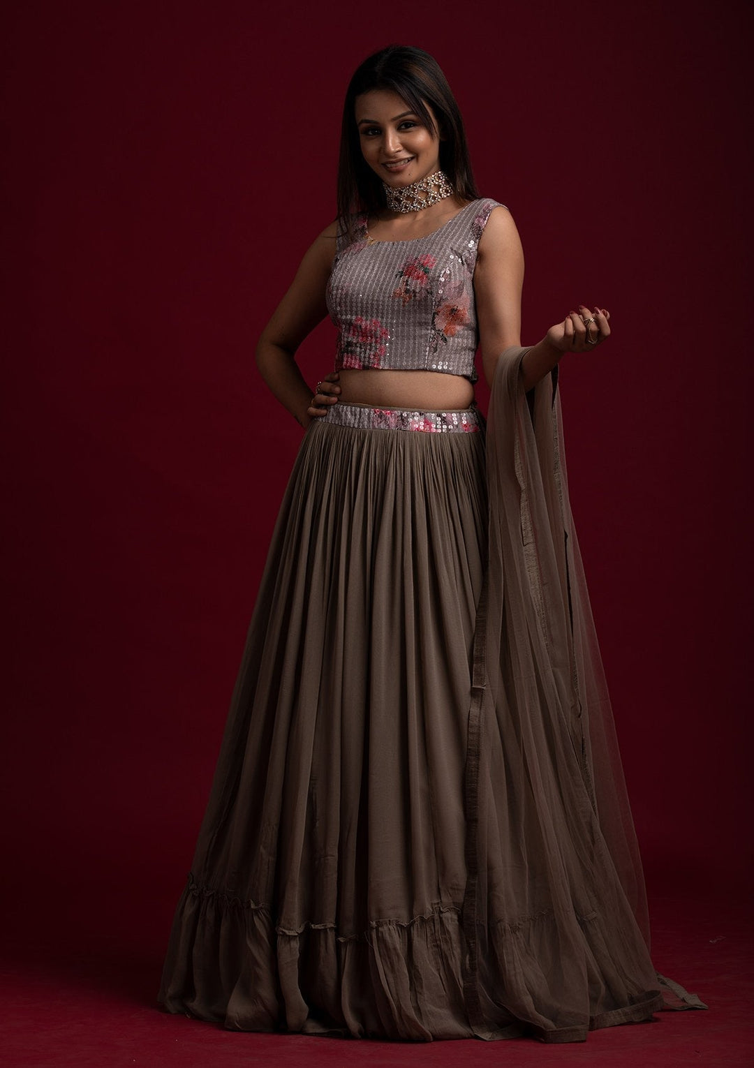 Light Grey Sequins Georgette Designer Lehenga - koskii