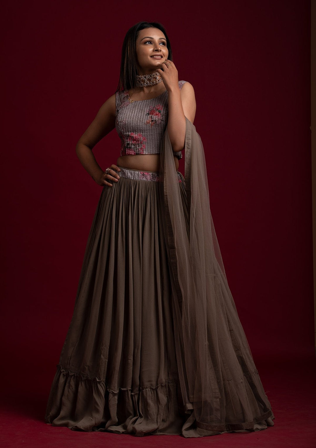 Light Grey Sequins Georgette Designer Lehenga - koskii
