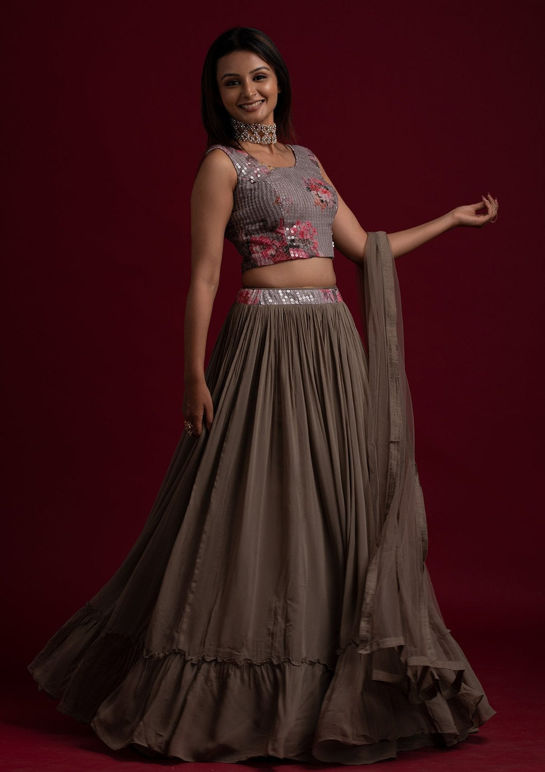 Light Grey Sequins Georgette Designer Lehenga - koskii