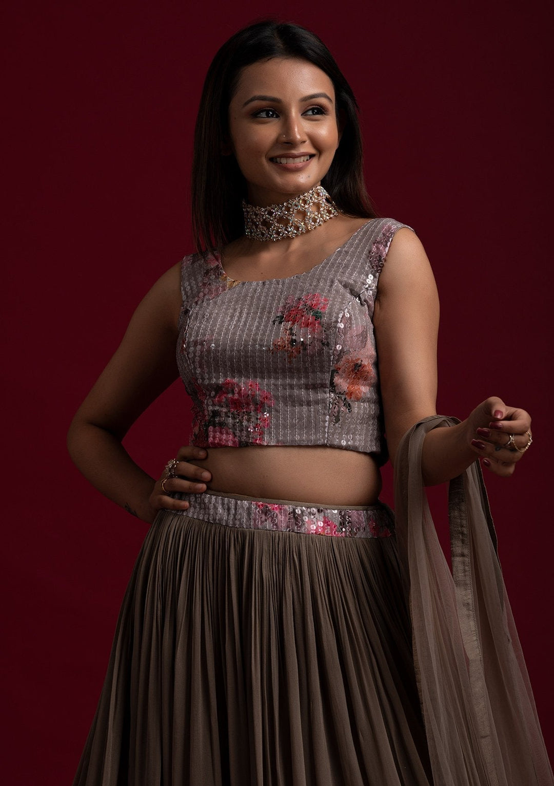 Light Grey Sequins Georgette Designer Lehenga - koskii