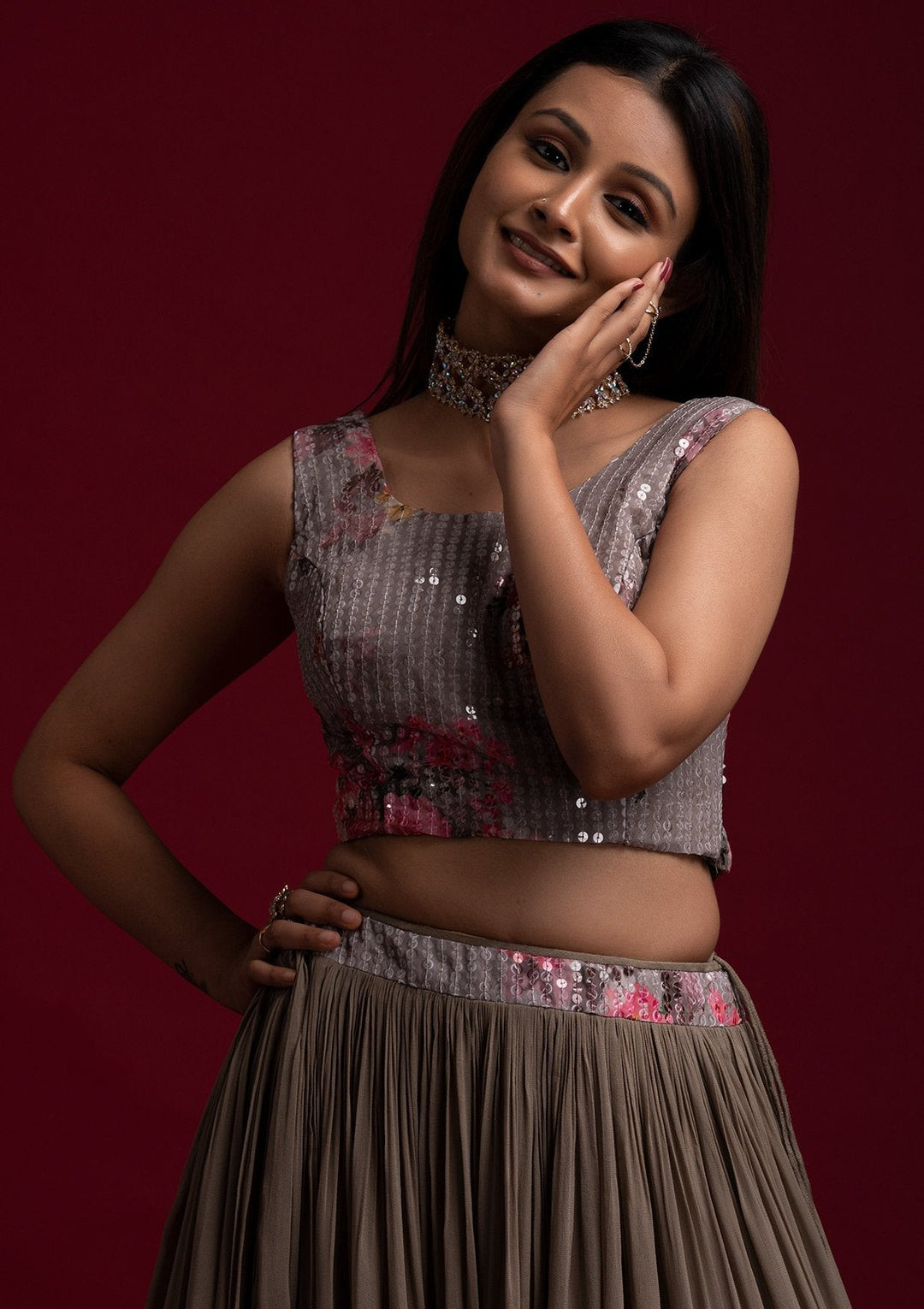 Light Grey Sequins Georgette Designer Lehenga - koskii