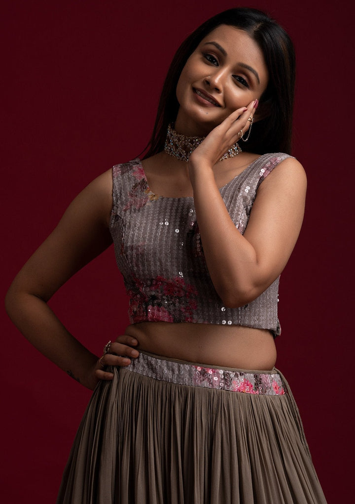 Light Grey Sequins Georgette Designer Lehenga - koskii