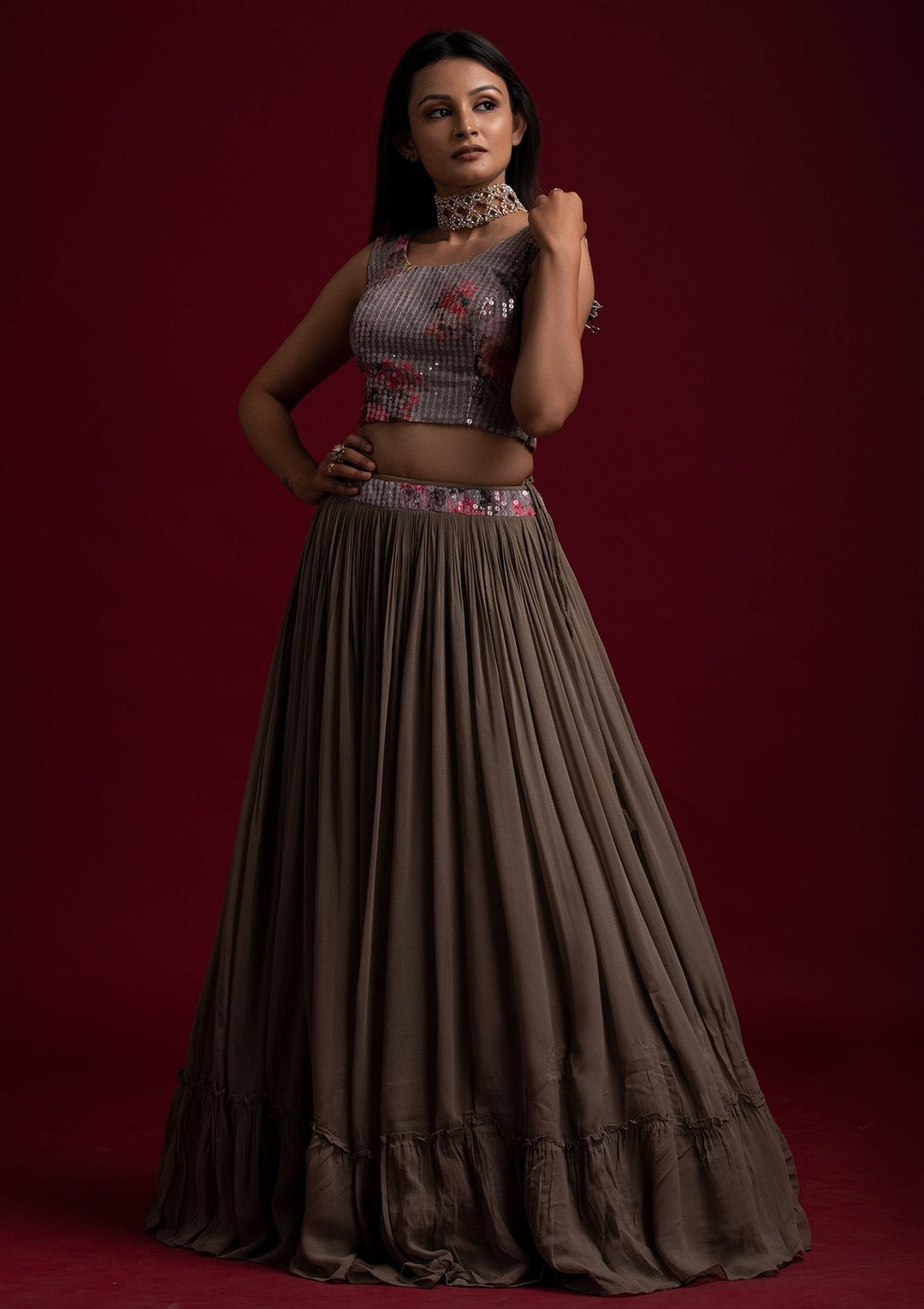 Light Grey Sequins Georgette Designer Lehenga - koskii