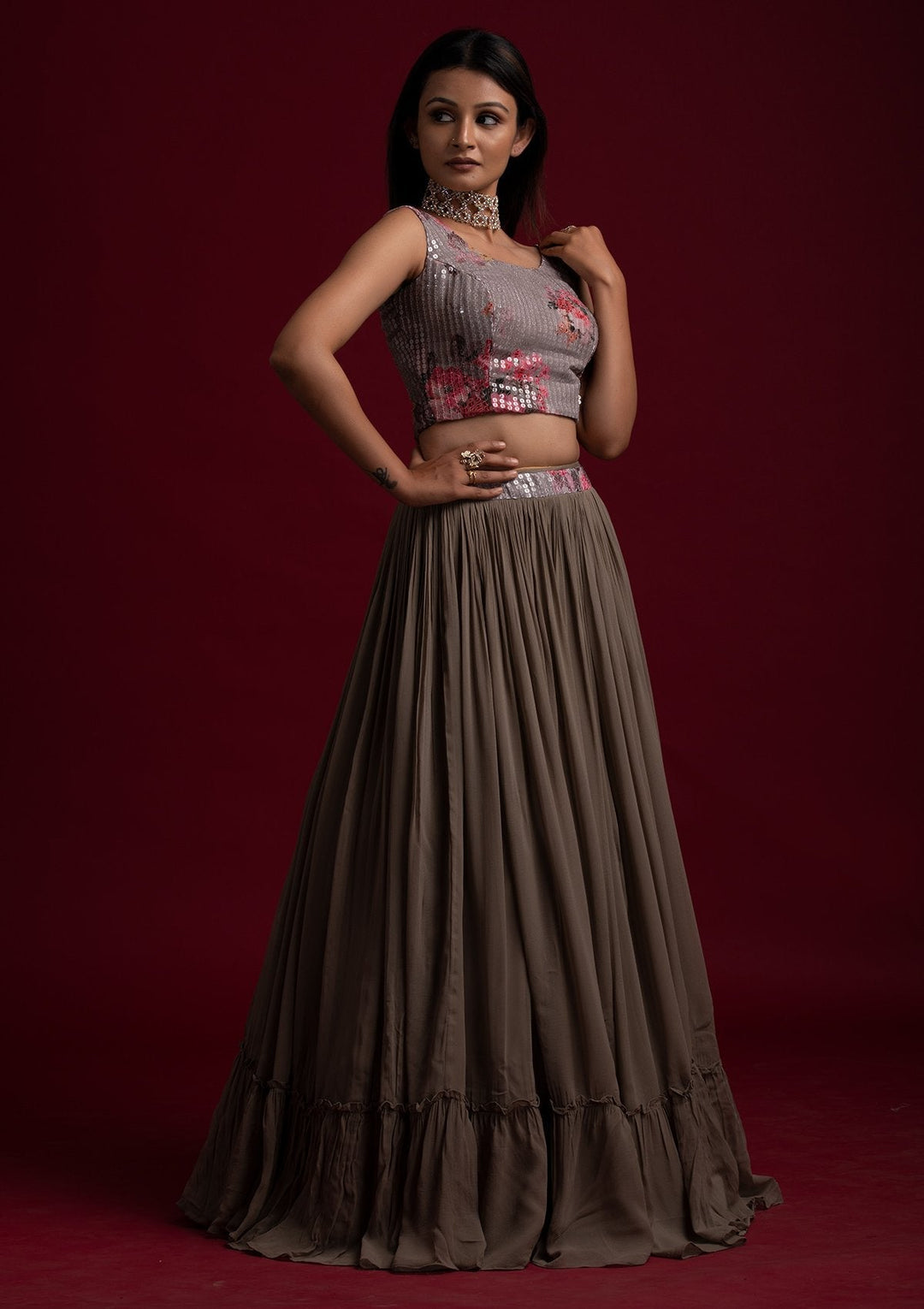 Light Grey Sequins Georgette Designer Lehenga - koskii