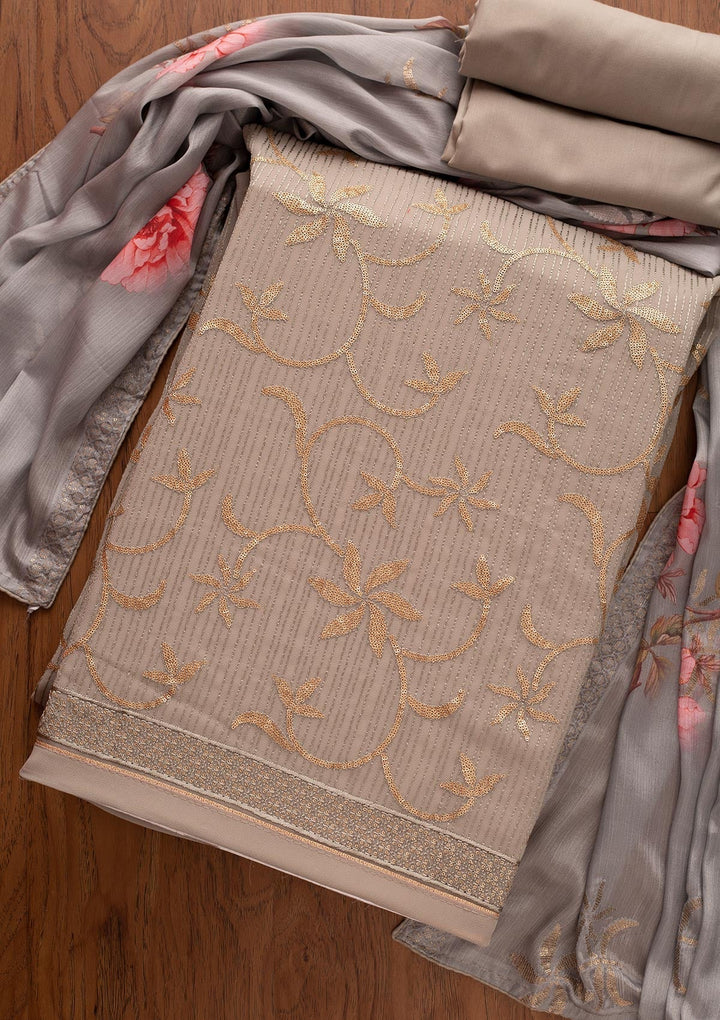 Light Grey Sequins Georgette Designer Unstitched Salwar Suit - koskii