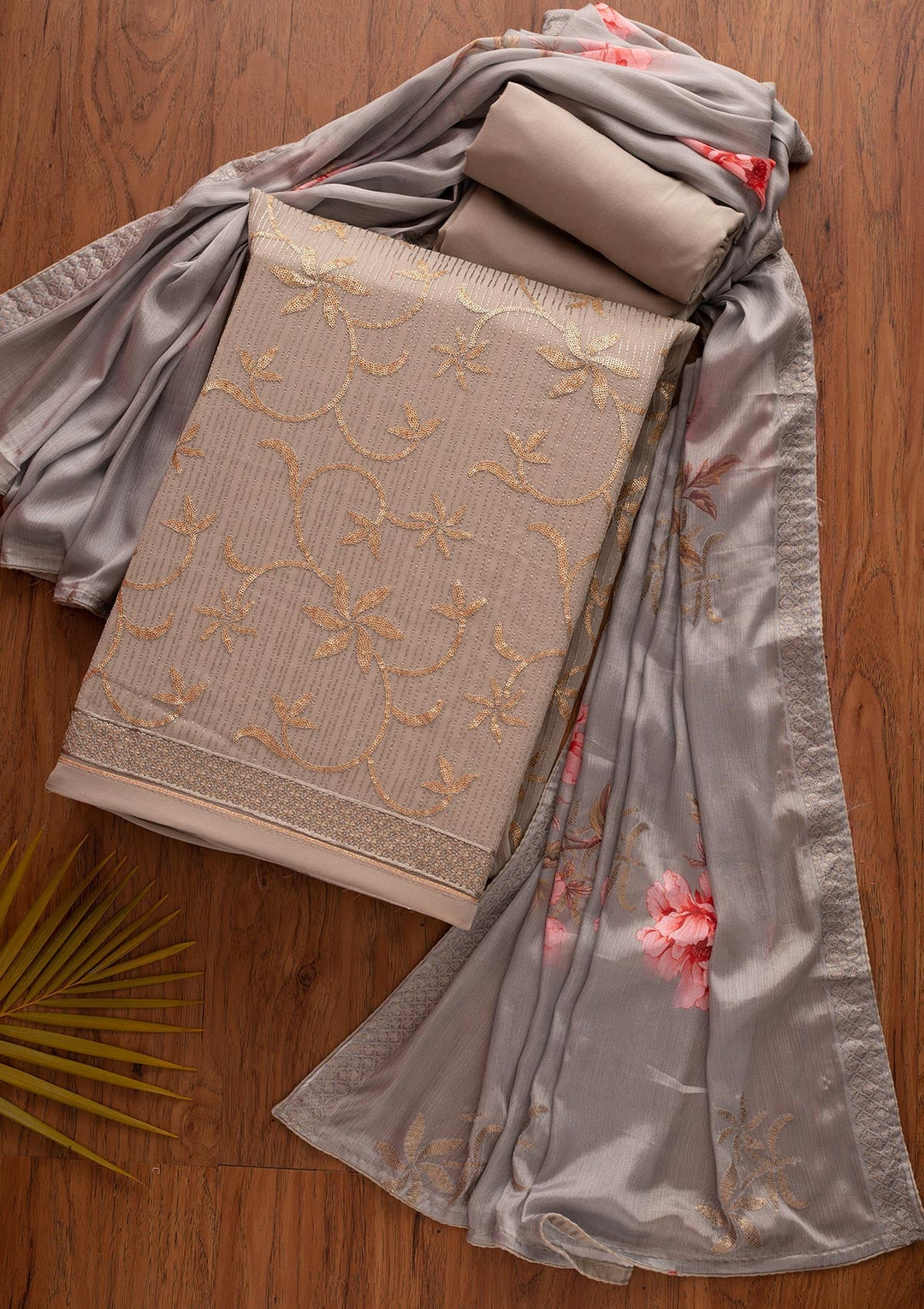 Light Grey Sequins Georgette Designer Unstitched Salwar Suit - koskii