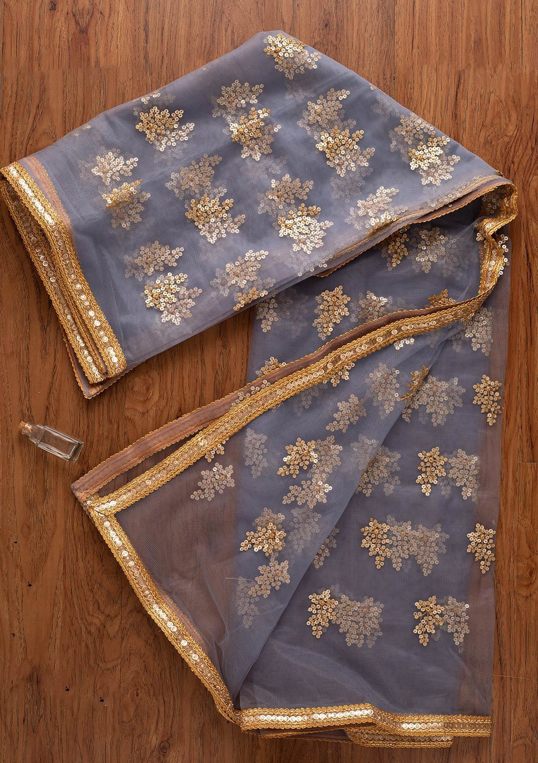 Light Grey Sequins Net Designer Dupatta - koskii