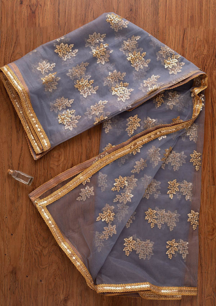 Light Grey Sequins Net Designer Dupatta - koskii