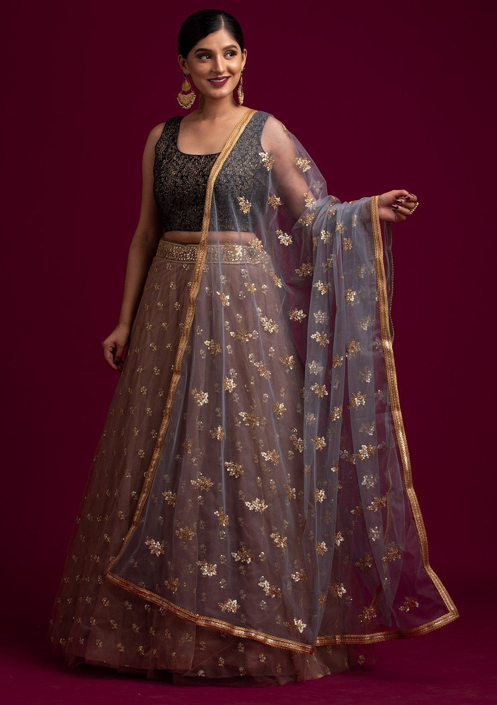 Light Grey Sequins Net Designer Dupatta - koskii