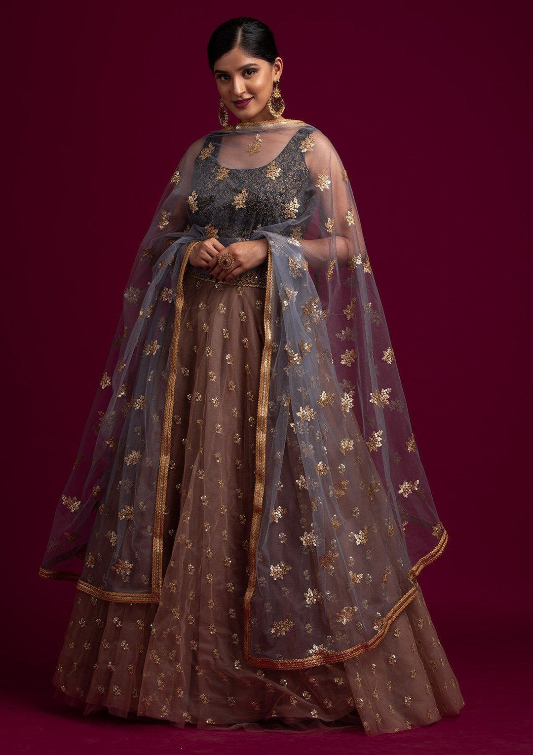 Light Grey Sequins Net Designer Dupatta - koskii