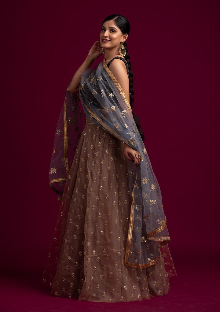 Light Grey Sequins Net Designer Dupatta - koskii