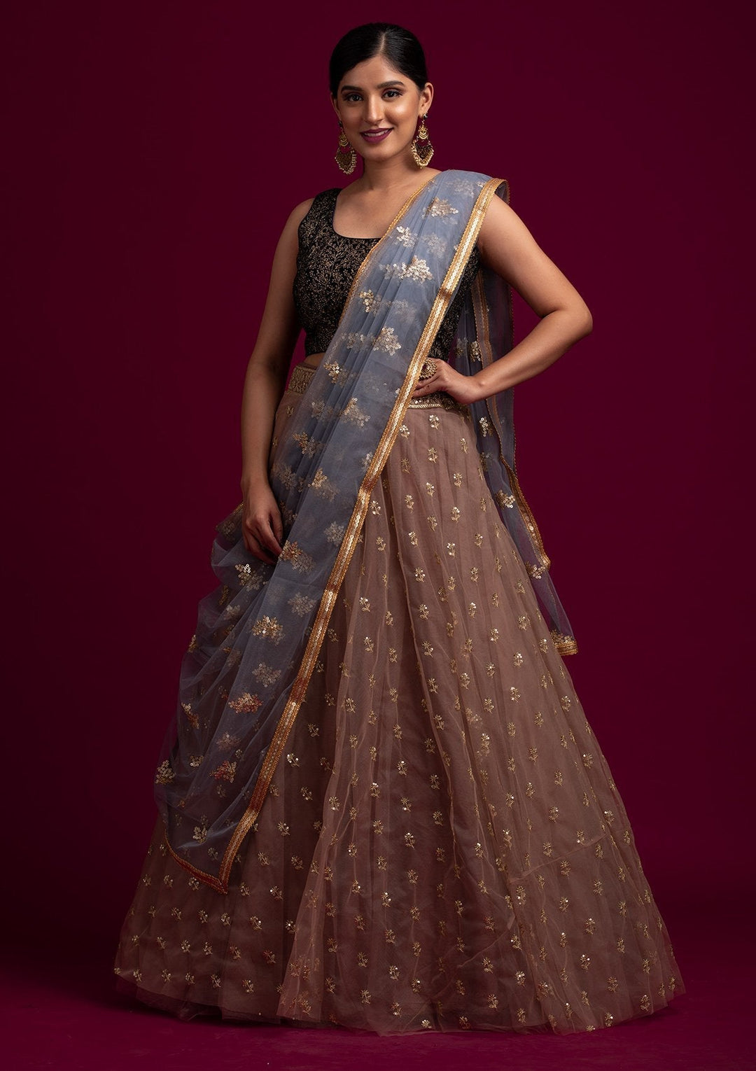 Light Grey Sequins Net Designer Dupatta - koskii