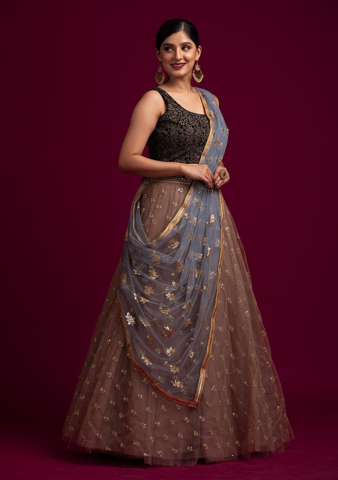 Light Grey Sequins Net Designer Dupatta - koskii