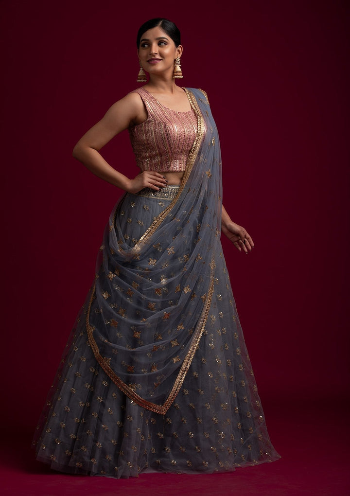 Light Grey Sequins Net Designer Dupatta - koskii