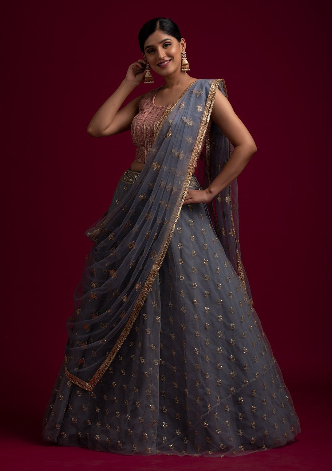 Light Grey Sequins Net Designer Dupatta - koskii