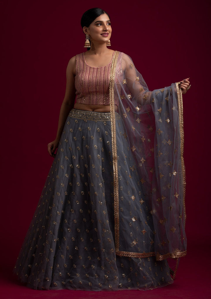 Light Grey Sequins Net Designer Dupatta - koskii