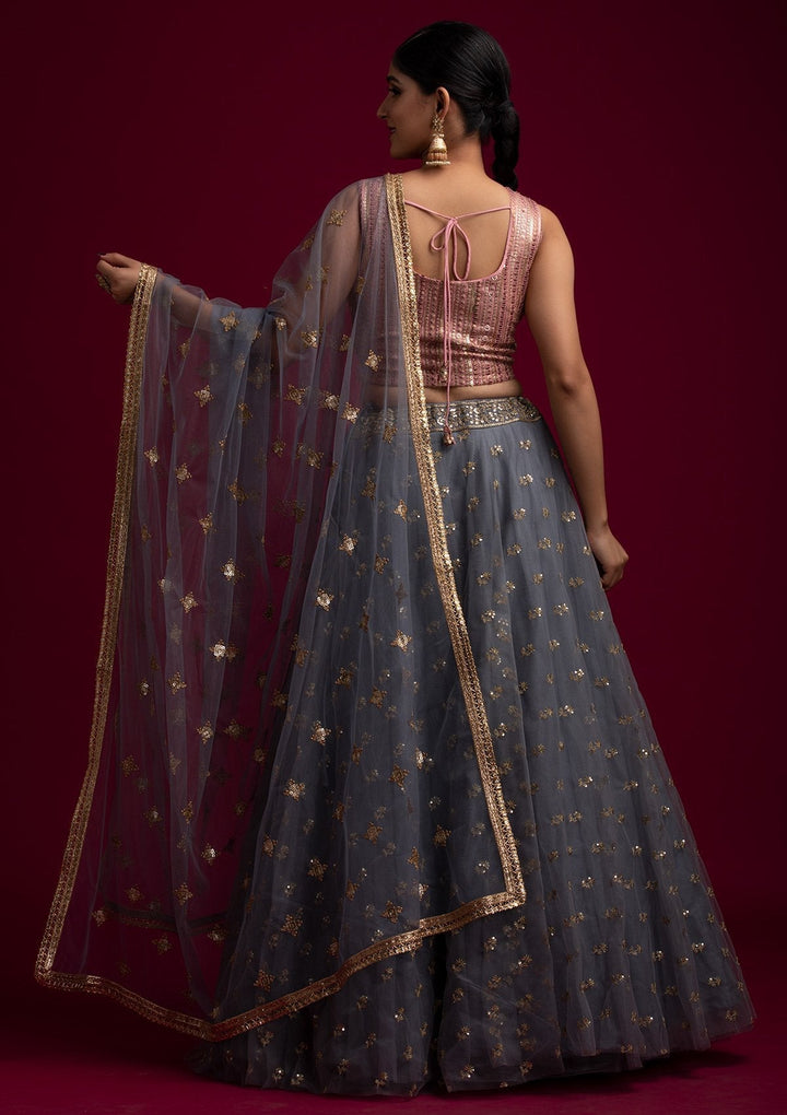 Light Grey Sequins Net Designer Dupatta - koskii