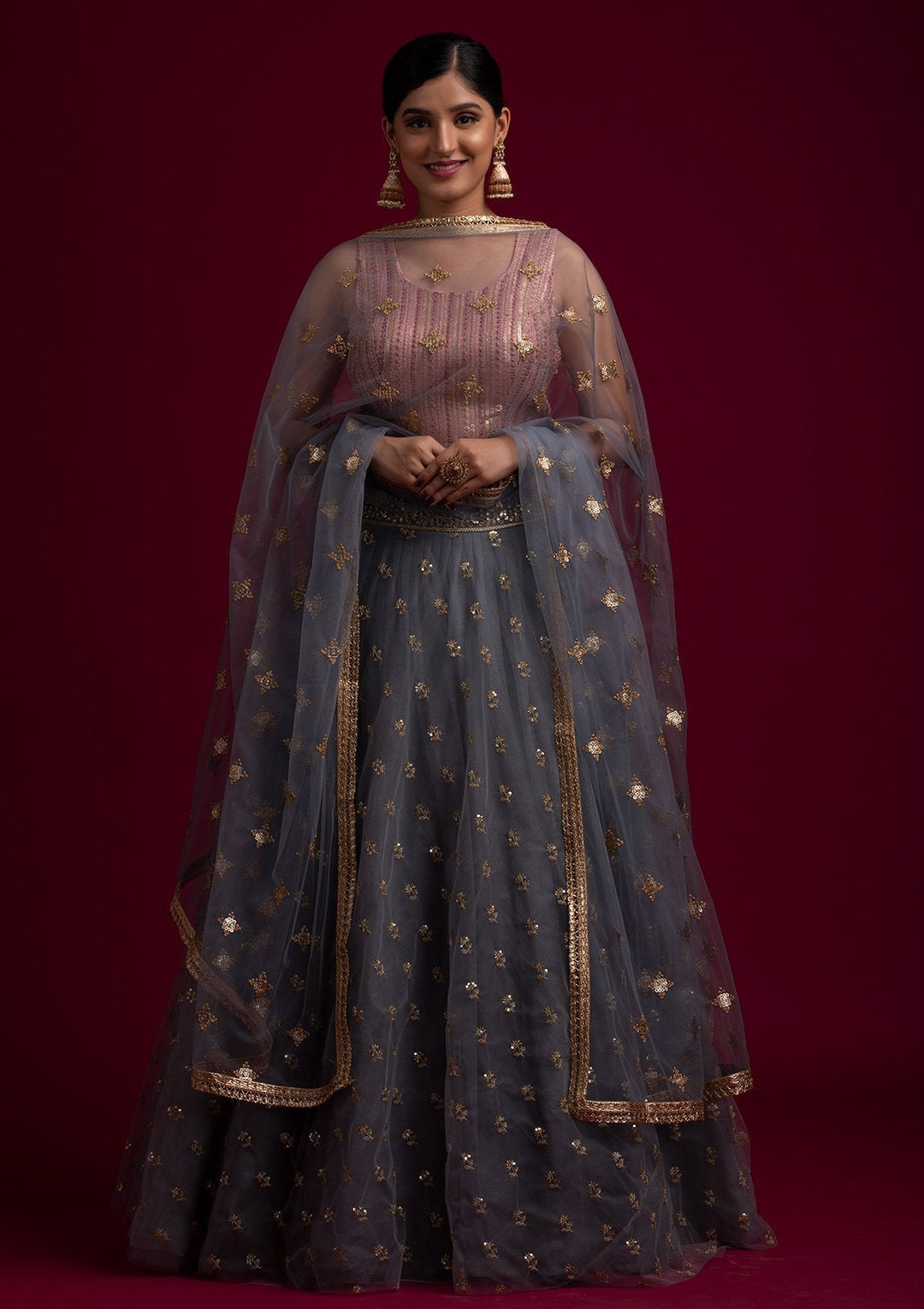 Light Grey Sequins Net Designer Dupatta - koskii