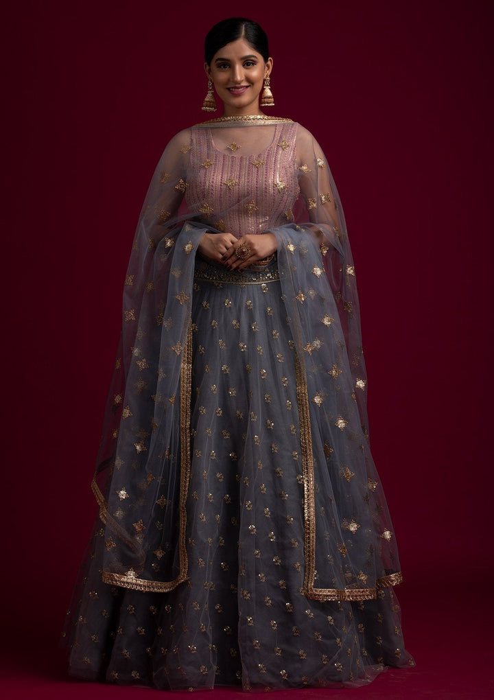 Light Grey Sequins Net Designer Dupatta - koskii